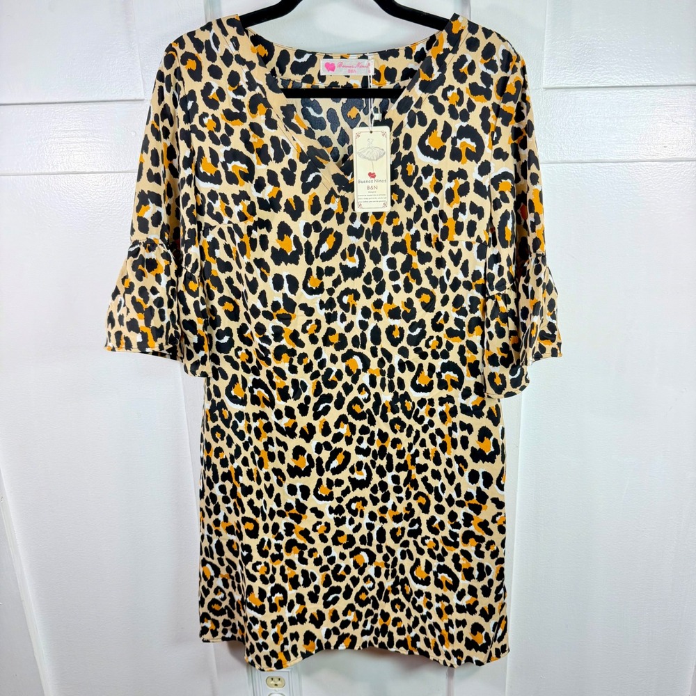 Buenos Ninos Leopard Print VNeck Bell Sleeve Shift Dress with Pockets Size S NWT